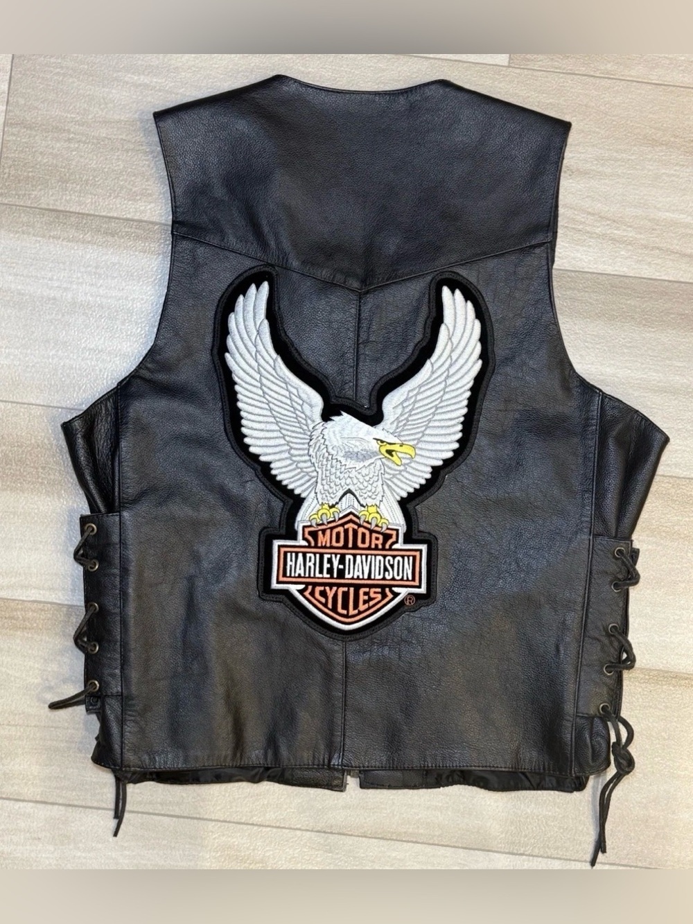 Vintage Xelemint Harley Davidson Leather Vest Motorcycle Eagle Back Patch Size L
